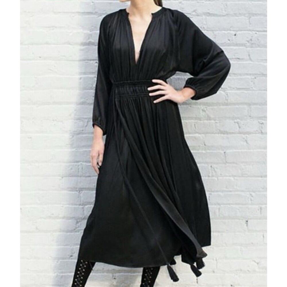 A Piece Apart Midi Dress 4 Witchy Gothic Gypsy Smocked Wednesday Pleated Black